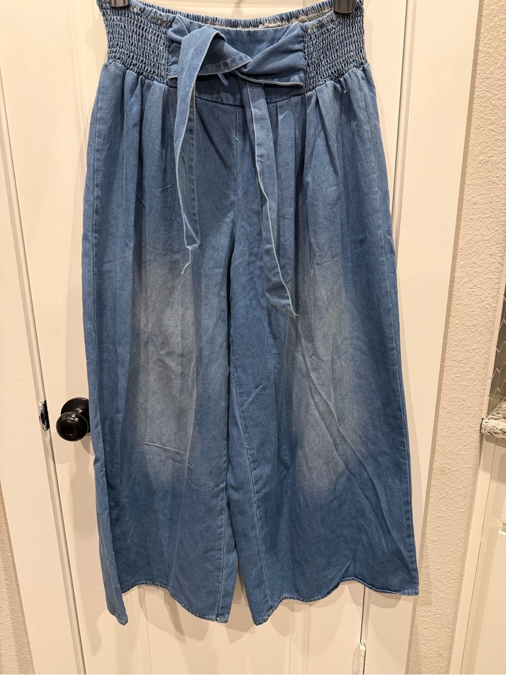 SHEIN Light Blue Wide Leg Smocked Waist Jeans